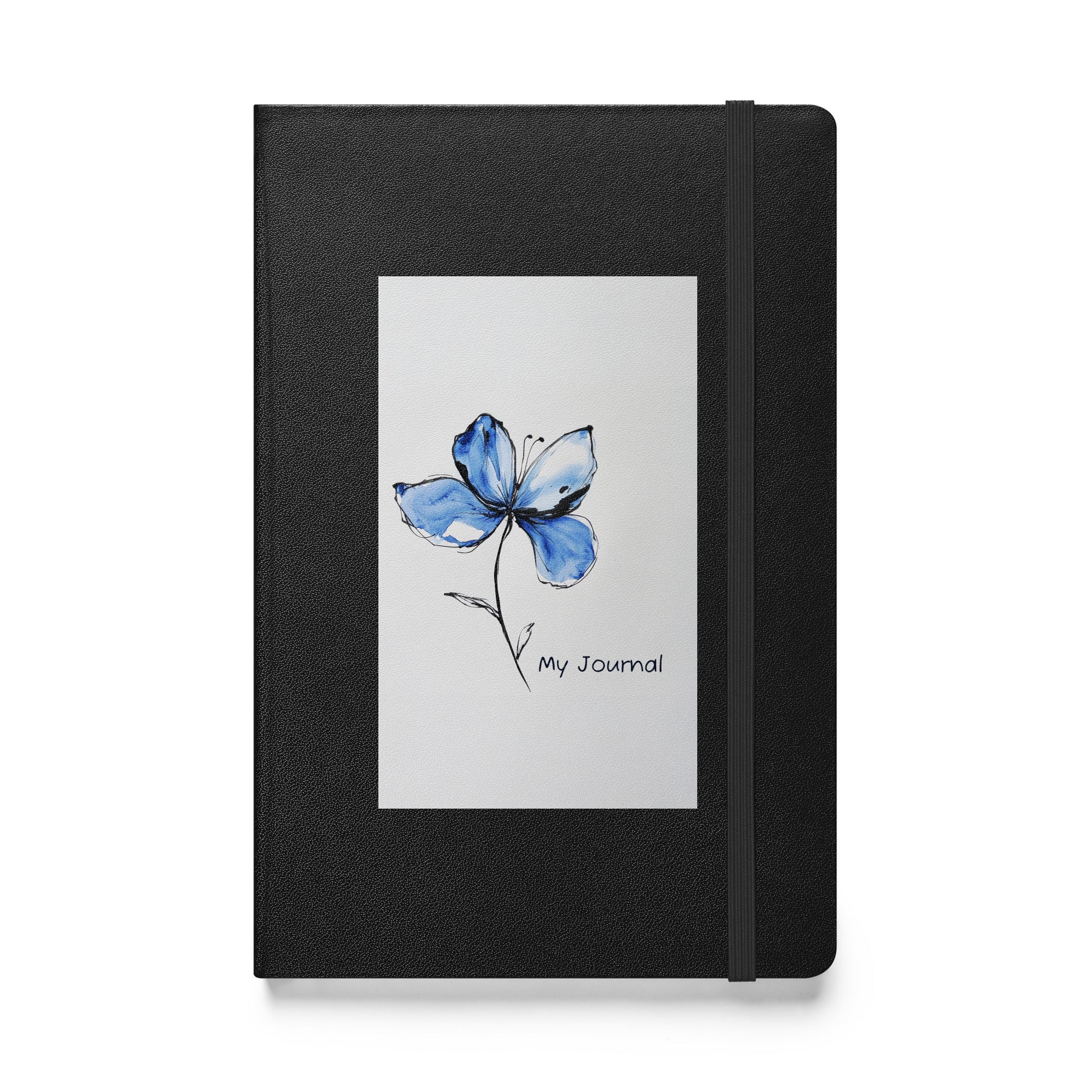 Product mockup of a black journal with a Blue Butterfly Bean flower on it and the words My Journal