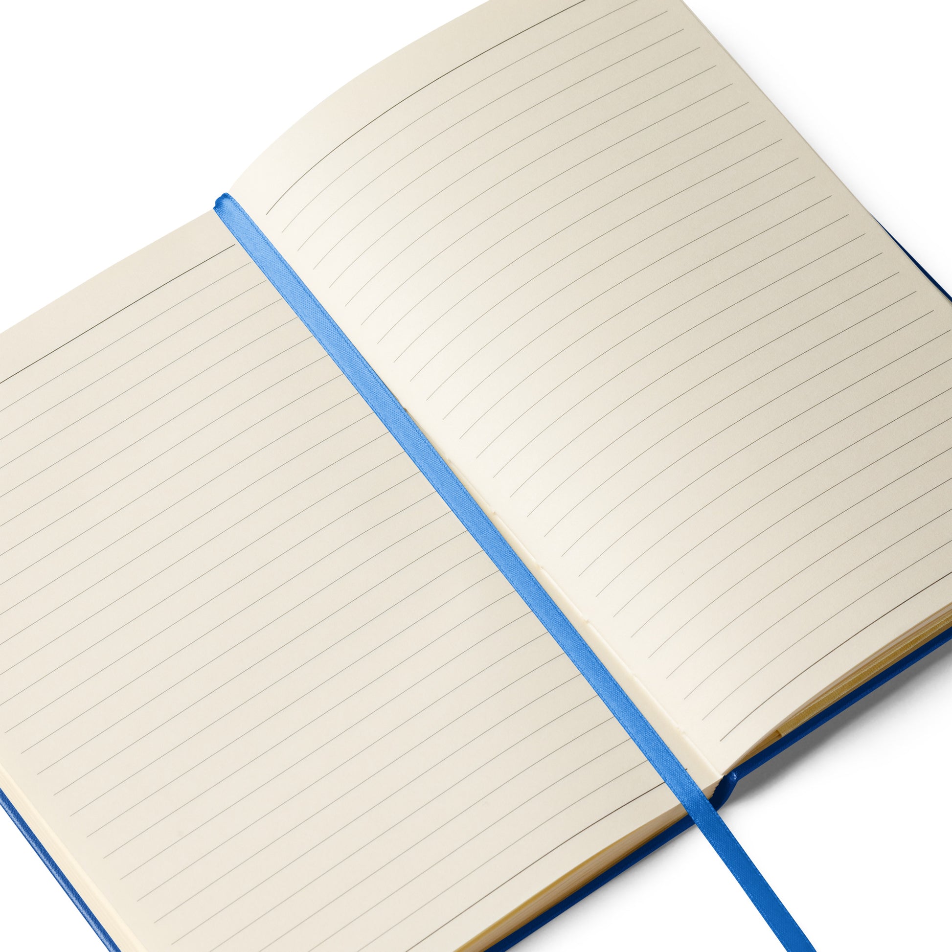 Product mockup of a blue journal, interior pages are cream and lined, with a blue ribbon bookmark